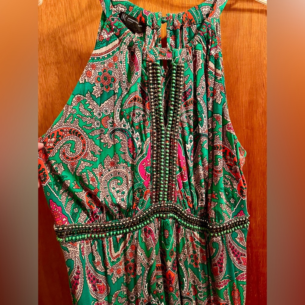 INC 1X Elegant Green And Pink Paisley Beaded Maxi Dress Plus Size - Picture 2 of 6